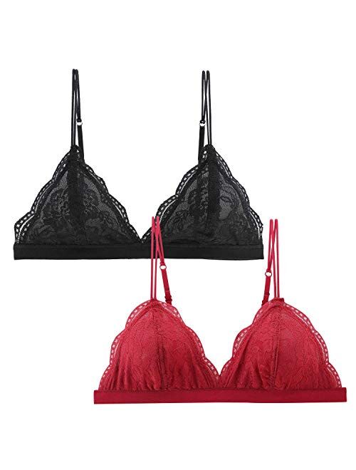 Peachat Lace Bralettes for Women Floral Adjustable Thin Strap V Neck Hook Eye Unpadded Triangle Bralette Wire Free Bra