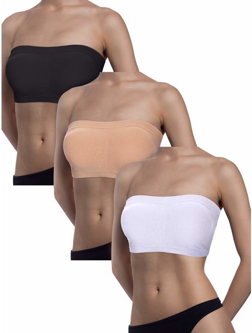 Boao 3 Pieces Women Bandeau Bra Padded Strapless Brarette Soft Bra Seamless Bandeau Tube Top Bra, Assorted Sizes