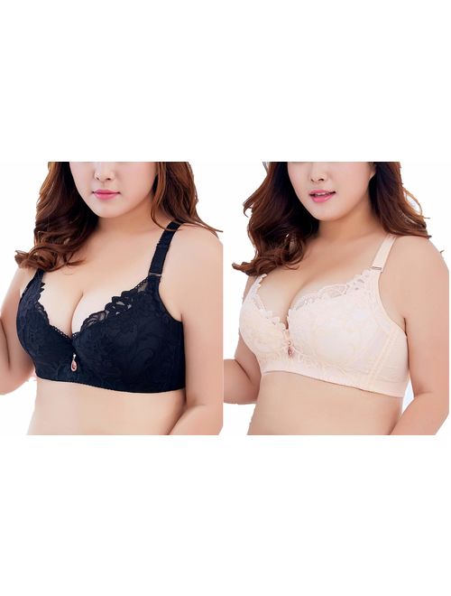 SEA BBOT Women Lace Push-up Bra Plus Size Floral Underwire Soft Cup Everyday Bra