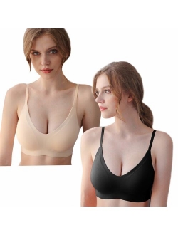 PRETTYWELL Comfortable Bras, Seamless Wire Free Everyday Bras for A to D Cups, V Neck Soft and Light Basic Bras for Women