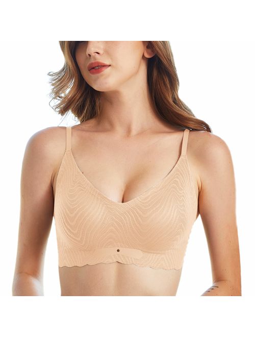 PRETTYWELL Comfortable Bras, Seamless Wire Free Everyday Bras for A to D Cups, V Neck Soft and Light Basic Bras for Women