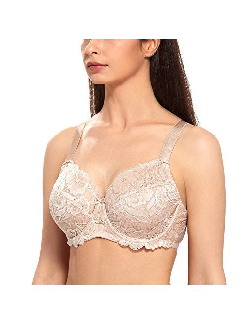 Delimira Women Plus Size Lace Sheer Front Closure Non Padded Full Coverage  Wirefree Racerback Bra