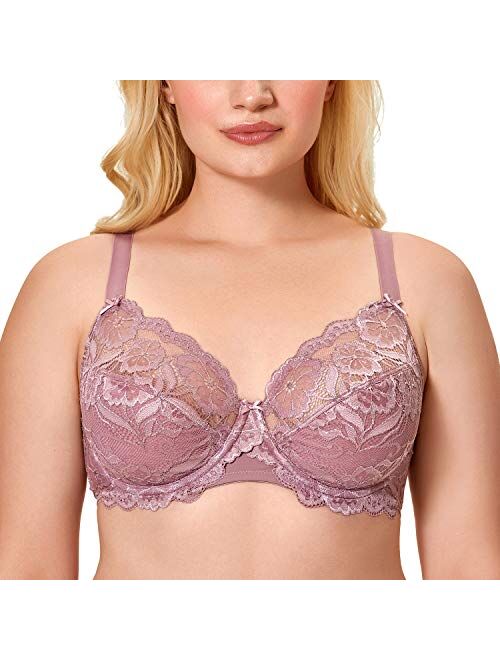 DELIMIRA Women's Full Coverage Non-Foam Floral Lace Plus Size Underwired Bra