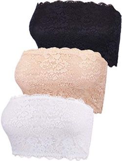 Boao 3 Pieces Women's Floral Lace Tube Top Bra Bandeau Strapless Bras Seamless Stretchy Chest Wrap