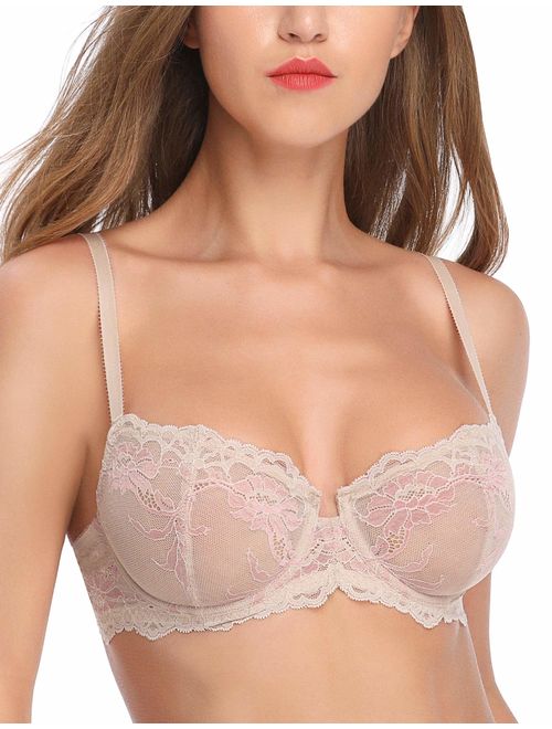 Wingslove Women's Lace Bra Beauty Sheer Sexy Bra Non Padded Underwired Unlined Bra