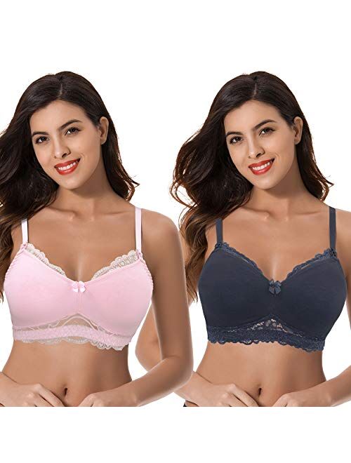 Curve Muse Plus Size Nursing Cotton Unlined Wirefree Bra with Lace Trim-2 Or 3PK