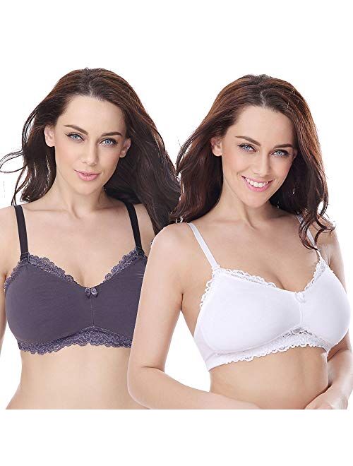 Curve Muse Plus Size Nursing Cotton Unlined Wirefree Bra with Lace Trim-2 Or 3PK