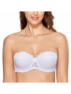 Women's Underwire Molded Cup Lace Convertible Multiway Bridal Strapless Bra