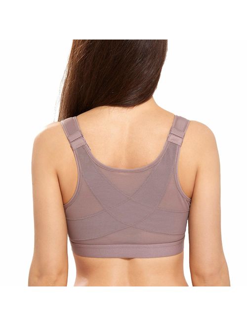 DELIMIRA Women's Full Coverage Front Closure Wire Free Back Support Posture Bra