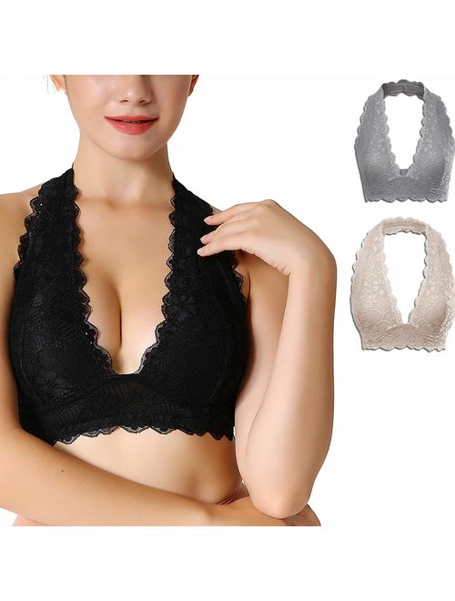 JOJOANS Floral Lace Halter Bra Bralette Top Hook and Eye Closure Back Unpadded Wirefree Lace Bra