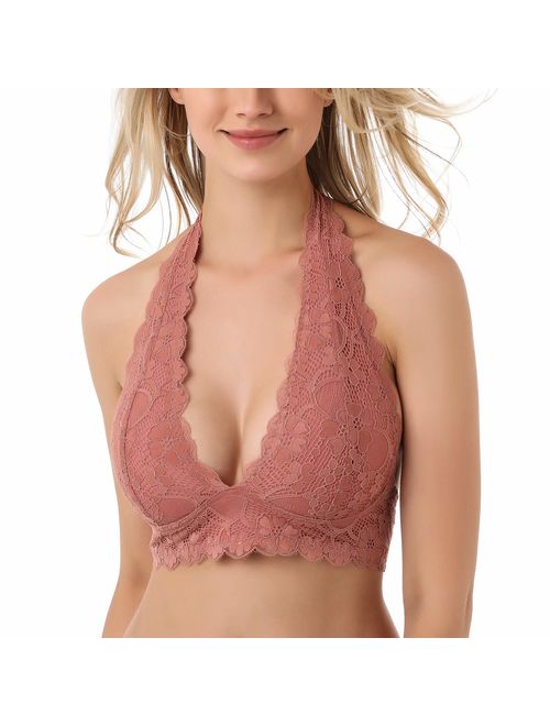 JOJOANS Floral Lace Halter Bra Bralette Top Hook and Eye Closure Back Unpadded Wirefree Lace Bra