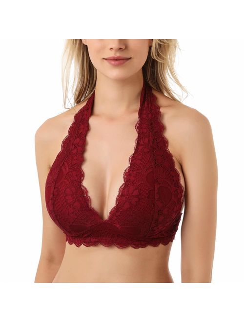 JOJOANS Floral Lace Halter Bra Bralette Top Hook and Eye Closure Back Unpadded Wirefree Lace Bra