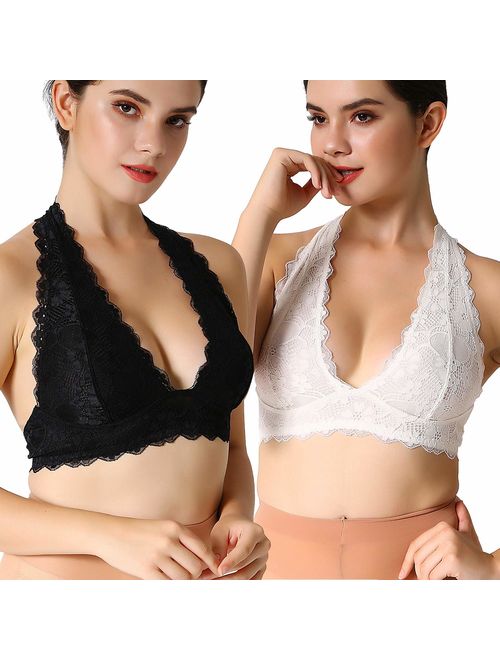 JOJOANS Floral Lace Halter Bra Bralette Top Hook and Eye Closure Back Unpadded Wirefree Lace Bra