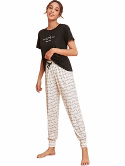 DIDK Women's Kitty Cat Print Tee and Polka Dot Pants Pajama Set