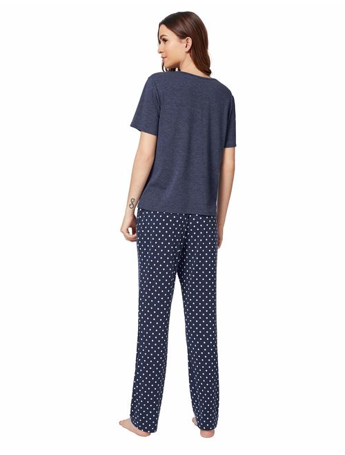 DIDK Women's Kitty Cat Print Tee and Polka Dot Pants Pajama Set