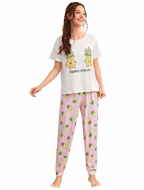 DIDK Women's Kitty Cat Print Tee and Polka Dot Pants Pajama Set