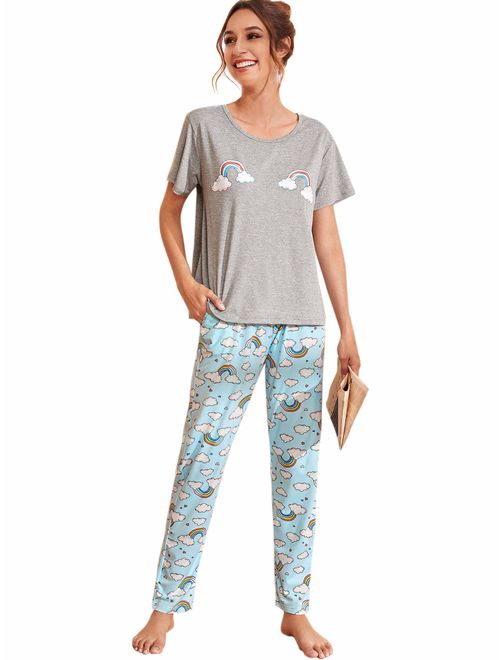 DIDK Women's Kitty Cat Print Tee and Polka Dot Pants Pajama Set