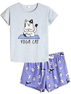 VENTELAN Pajamas for Women 2 Piece Cute Cat Sleepwear Pajama Sleep Set