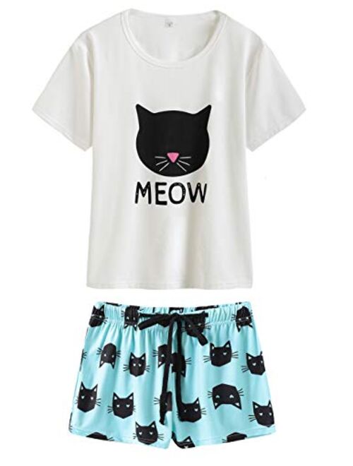 VENTELAN Pajamas for Women 2 Piece Cute Cat Sleepwear Pajama Sleep Set