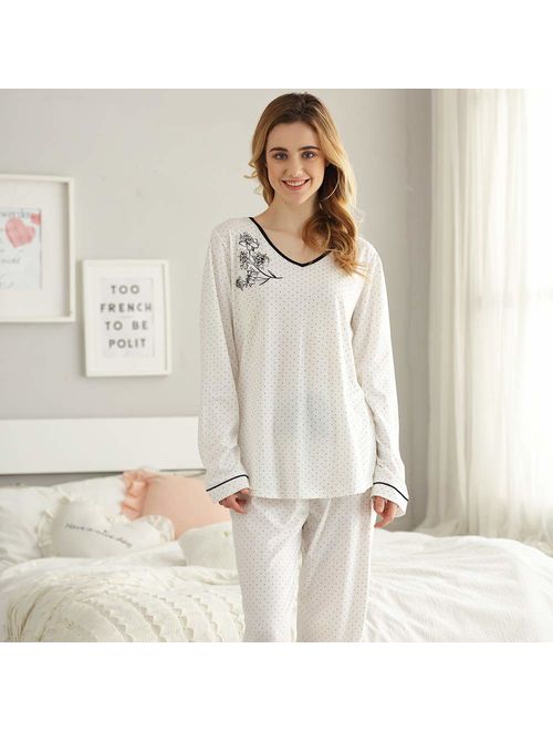 Keyocean Women Pjamas Set 100% Cotton Lightweight Women Sleepwear Set, Soft Comfy Long-Sleeve Lounge-wear