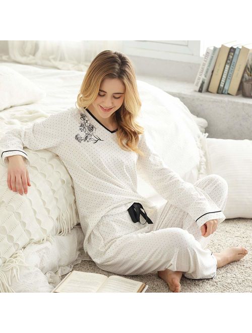 Keyocean Women Pjamas Set 100% Cotton Lightweight Women Sleepwear Set, Soft Comfy Long-Sleeve Lounge-wear