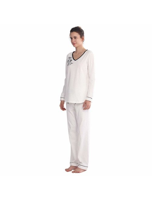 Keyocean Women Pjamas Set 100% Cotton Lightweight Women Sleepwear Set, Soft Comfy Long-Sleeve Lounge-wear