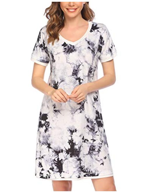 Ekouaer Sleepwear Women's V Neck Nightshirt Casual Sleepwear Short Sleeve Nightgown S-XXL