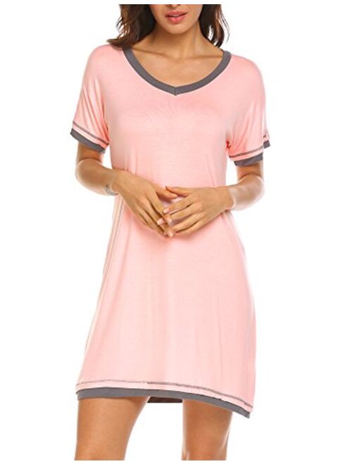 Ekouaer Sleepwear Women's V Neck Nightshirt Casual Sleepwear Short Sleeve Nightgown S-XXL