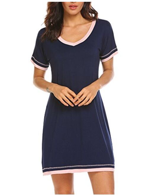 Ekouaer Sleepwear Women's V Neck Nightshirt Casual Sleepwear Short Sleeve Nightgown S-XXL