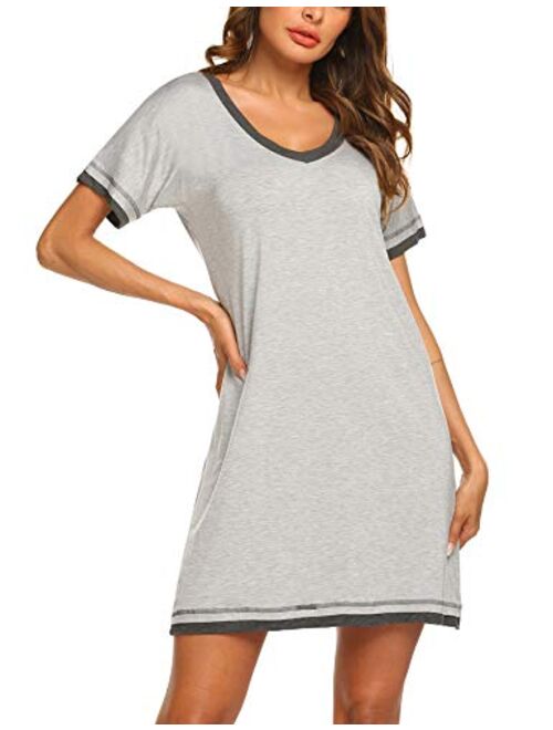 Ekouaer Sleepwear Women's V Neck Nightshirt Casual Sleepwear Short Sleeve Nightgown S-XXL