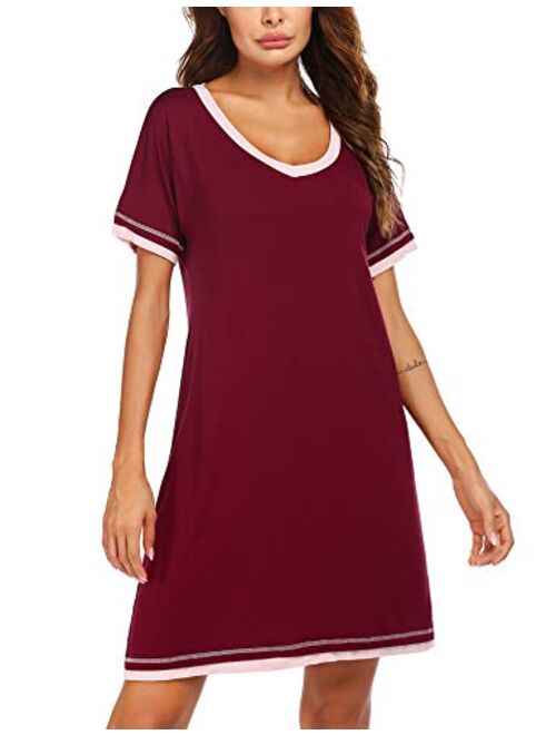 Ekouaer Sleepwear Women's V Neck Nightshirt Casual Sleepwear Short Sleeve Nightgown S-XXL