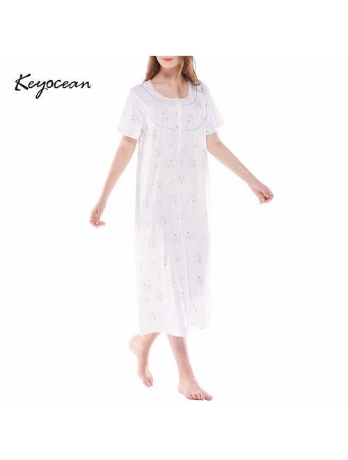 Keyocean Women Nightgowns, Soft Warm 100% Cotton Sleepwear Lounge-wear for Women