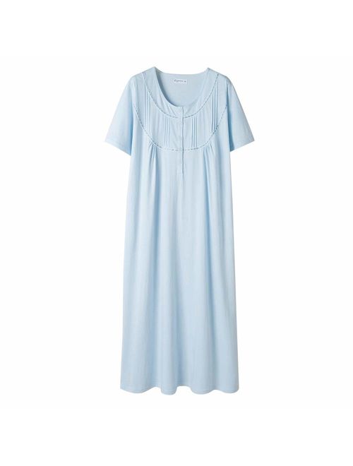 Keyocean Women's Nightgowns 100% Cotton Lace Trim Soft Lightweight Short Sleeve Long Sleepwear for Women