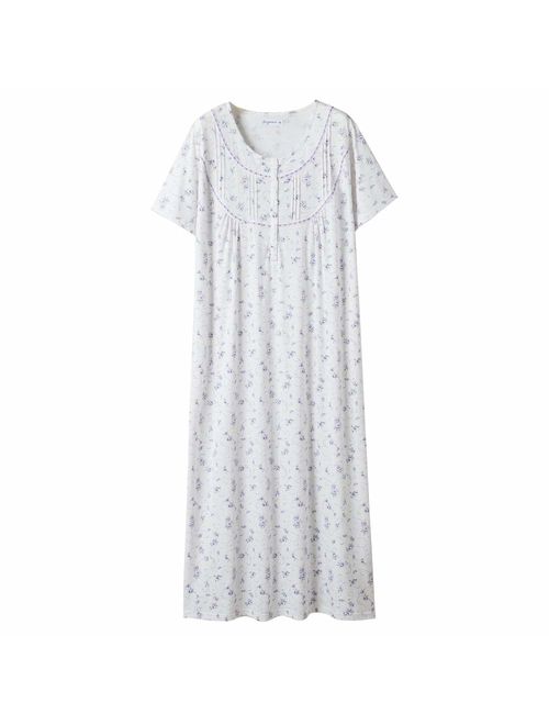 Keyocean Women's Nightgowns 100% Cotton Lace Trim Soft Lightweight Short Sleeve Long Sleepwear for Women