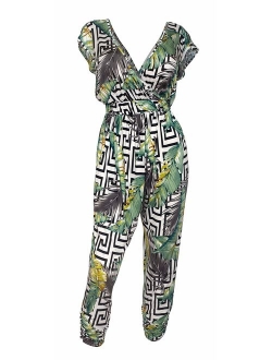 eVogues Plus Size Paisley Print Deep V-Neck Jumpsuit