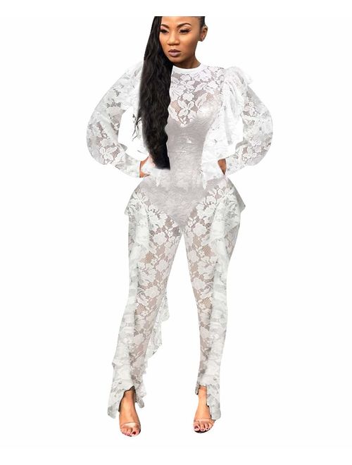 OLUOLIN Women's Sexy Floral Lace See Through Mesh Hollow Out Ruffle Long Pants Bodycon Jumpsuit Rompers Clubwear