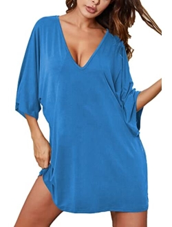 Nightgown V Neck Boyfriend Sleepshirt Sexy Short Nightshirt Loose Sleepwear for Women