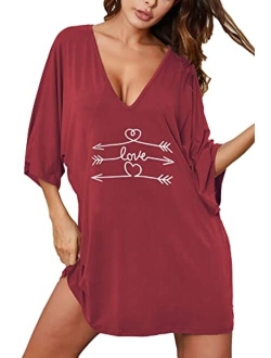 Nightgown V Neck Boyfriend Sleepshirt Sexy Short Nightshirt Loose Sleepwear for Women