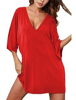 Nightgown V Neck Boyfriend Sleepshirt Sexy Short Nightshirt Loose Sleepwear for Women