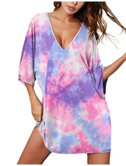 Nightgown V Neck Boyfriend Sleepshirt Sexy Short Nightshirt Loose Sleepwear for Women