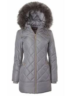 Women Long Down Alternative Winter Puffer Coat Zip-Off Plush Lined Fur Trim Hood