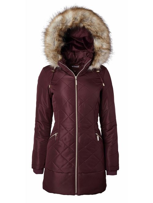 Women Long Down Alternative Winter Puffer Coat Zip-Off Plush Lined Fur Trim Hood