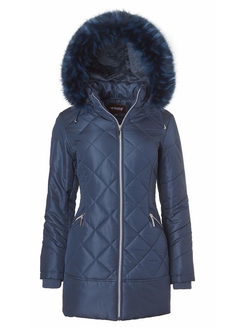 Women Long Down Alternative Winter Puffer Coat Zip-Off Plush Lined Fur Trim Hood