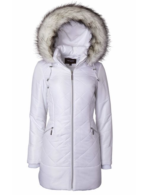 Women Long Down Alternative Winter Puffer Coat Zip-Off Plush Lined Fur Trim Hood