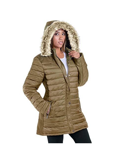 Facitisu Womens Winter Warm Jacket Long Down Faux Fur Hooded Quilted Sherpa Lined Coat