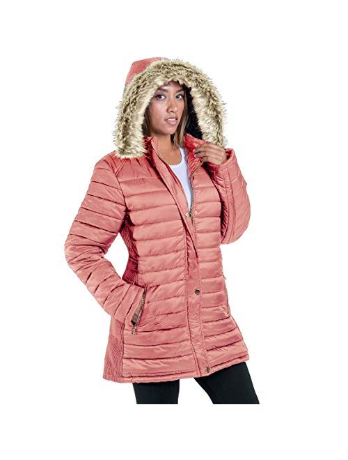 Facitisu Womens Winter Warm Jacket Long Down Faux Fur Hooded Quilted Sherpa Lined Coat