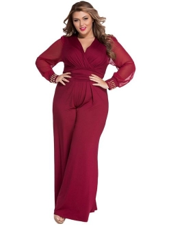 Cokar Womens Plus Size Jumpsuits Long Sleeve V-Neck Casual Style Set Black