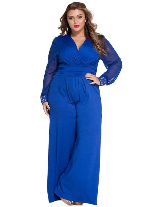 Cokar Womens Plus Size Jumpsuits Long Sleeve V-Neck Casual Style Set Black