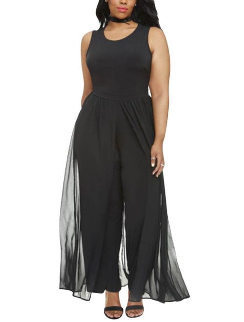 Pink Queen Women's Plus Size Sleeveless Long Pants Jumpsuit with Chiffon Overlay