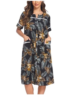 Women's Striped Sleepwear Button Down Duster Short Sleeve House Dress Nightgown S-XXL